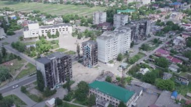This stock video shows a destroyed residential building during the war in Ukraine in Borodyanka, Bucha district in 8K resolution