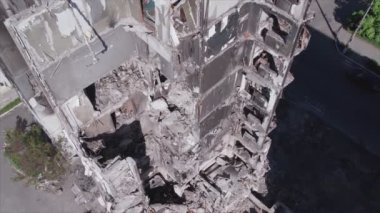 This stock video shows a destroyed residential building during the war in Ukraine in Borodyanka, Bucha district in 8K resolution