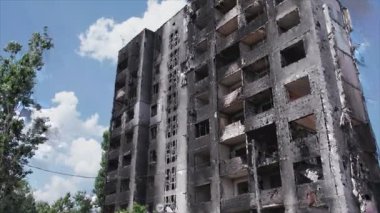 This stock video shows a destroyed residential building during the war in Ukraine in Borodyanka, Bucha district in 8K resolution