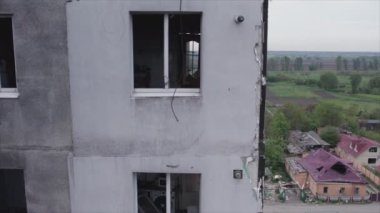 This stock video shows a destroyed residential building during the war in Ukraine in Borodyanka, Bucha district in 8K resolution