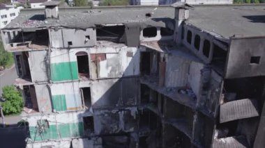 This stock video shows a destroyed residential building during the war in Ukraine in Borodyanka, Bucha district in 8K resolution