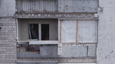 This stock video shows a destroyed residential building during the war in Ukraine in Borodyanka, Bucha district in 8K resolution