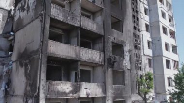 This stock video shows a destroyed residential building during the war in Ukraine in Borodyanka, Bucha district in 8K resolution