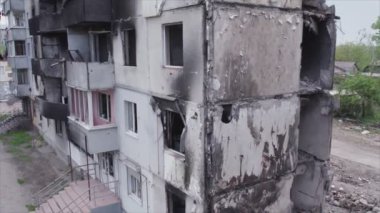 This stock video shows a destroyed residential building during the war in Ukraine in Borodyanka, Bucha district in 8K resolution
