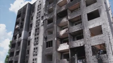 This stock video shows a destroyed residential building during the war in Ukraine in Borodyanka, Bucha district in 8K resolution
