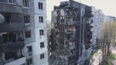This stock video shows a destroyed residential building during the war in Ukraine in Borodyanka, Bucha district in 8K resolution