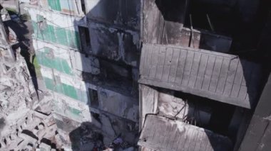 This stock video shows a destroyed residential building during the war in Ukraine in Borodyanka, Bucha district in 8K resolution