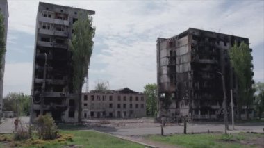 This stock video shows a destroyed residential building during the war in Ukraine in Borodyanka, Bucha district in 8K resolution