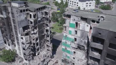 This stock video shows a destroyed residential building during the war in Ukraine in Borodyanka, Bucha district in 8K resolution