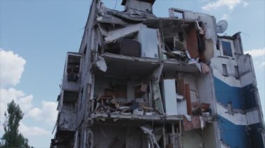 This stock video shows a destroyed residential building during the war in Ukraine in Borodyanka, Bucha district in 8K resolution
