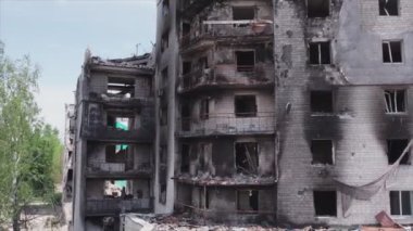 This stock video shows a destroyed residential building during the war in Ukraine in Borodyanka, Bucha district in 8K resolution
