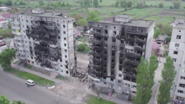 This stock video shows a destroyed residential building during the war in Ukraine in Borodyanka, Bucha district in 8K resolution