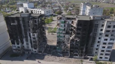 This stock video shows a destroyed residential building during the war in Ukraine in Borodyanka, Bucha district in 8K resolution