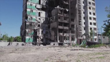 This stock video shows a destroyed residential building during the war in Ukraine in Borodyanka, Bucha district in 8K resolution