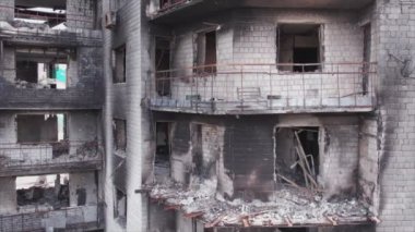 This stock video shows a destroyed residential building during the war in Ukraine in Borodyanka, Bucha district in 8K resolution