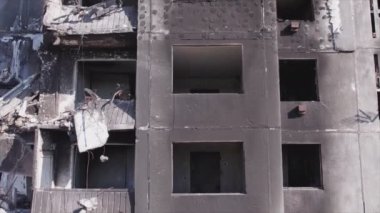 This stock video shows a destroyed residential building during the war in Ukraine in Borodyanka, Bucha district in 8K resolution