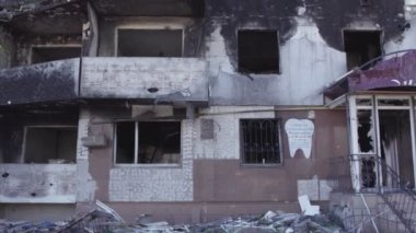 This stock video shows a destroyed residential building during the war in Ukraine in Borodyanka, Bucha district in 8K resolution