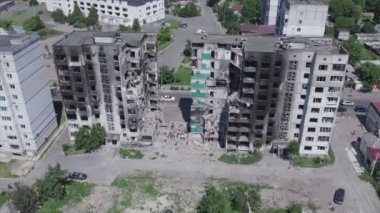 This stock video shows a destroyed residential building during the war in Ukraine in Borodyanka, Bucha district in 8K resolution