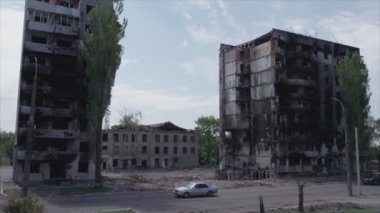 This stock video shows a destroyed residential building during the war in Ukraine in Borodyanka, Bucha district in 8K resolution