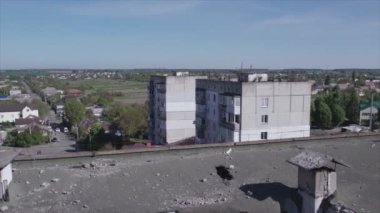 This stock video shows a destroyed residential building during the war in Ukraine in Borodyanka, Bucha district in 8K resolution