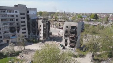 This stock video shows a destroyed residential building during the war in Ukraine in Borodyanka, Bucha district in 8K resolution