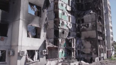 This stock video shows a destroyed residential building during the war in Ukraine in Borodyanka, Bucha district in 8K resolution