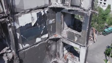 This stock video shows a destroyed residential building during the war in Ukraine in Borodyanka, Bucha district in 8K resolution