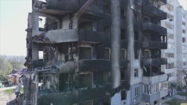 This stock video shows a destroyed residential building during the war in Ukraine in Borodyanka, Bucha district in 8K resolution