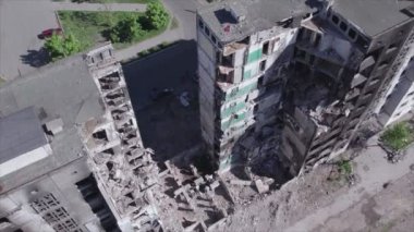 This stock video shows a destroyed residential building during the war in Ukraine in Borodyanka, Bucha district in 8K resolution