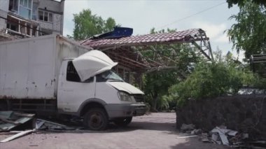 This stock video shows a destroyed residential building during the war in Ukraine in Borodyanka, Bucha district in 8K resolution