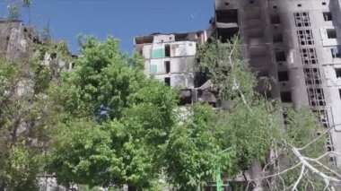 This stock video shows a destroyed residential building during the war in Ukraine in Borodyanka, Bucha district in 8K resolution