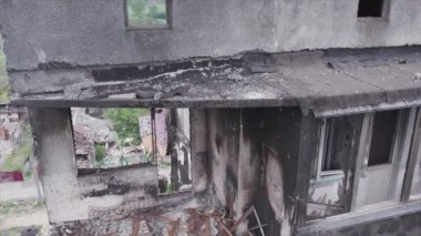 This stock video shows a destroyed residential building during the war in Ukraine in Borodyanka, Bucha district in 8K resolution