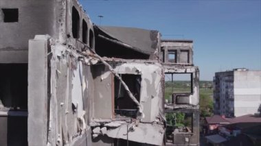 This stock video shows a destroyed residential building during the war in Ukraine in Borodyanka, Bucha district in 8K resolution