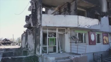 This stock video shows a destroyed residential building during the war in Ukraine in Borodyanka, Bucha district in 8K resolution