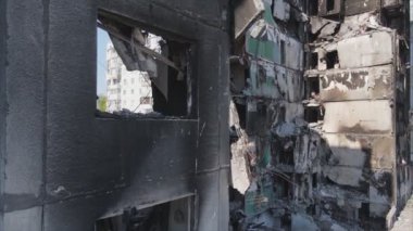 This stock video shows a destroyed residential building during the war in Ukraine in Borodyanka, Bucha district in 8K resolution