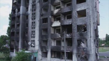 This stock video shows a destroyed residential building during the war in Ukraine in Borodyanka, Bucha district in 8K resolution
