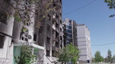 This stock video shows a destroyed residential building during the war in Ukraine in Borodyanka, Bucha district in 8K resolution