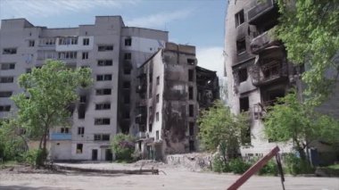 This stock video shows a destroyed residential building during the war in Ukraine in Borodyanka, Bucha district in 8K resolution