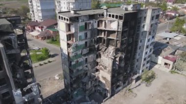This stock video shows a destroyed residential building during the war in Ukraine in Borodyanka, Bucha district in 8K resolution