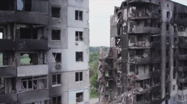 This stock video shows a destroyed residential building during the war in Ukraine in Borodyanka, Bucha district in 8K resolution