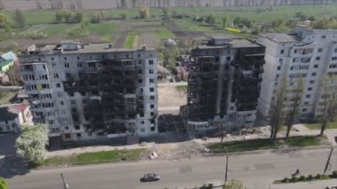 This stock video shows a destroyed residential building during the war in Ukraine in Borodyanka, Bucha district in 8K resolution