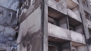 This stock video shows a destroyed residential building during the war in Ukraine in Borodyanka, Bucha district in 8K resolution