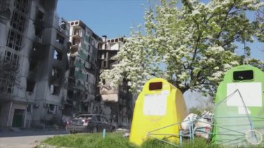 This stock video shows a destroyed residential building during the war in Ukraine in Borodyanka, Bucha district in 8K resolution