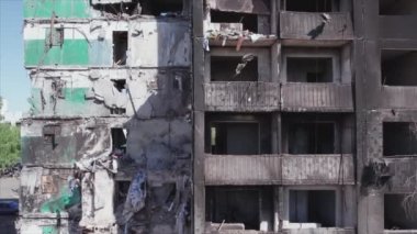 This stock video shows a destroyed residential building during the war in Ukraine in Borodyanka, Bucha district in 8K resolution