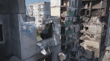 This stock video shows a destroyed residential building during the war in Ukraine in Borodyanka, Bucha district in 8K resolution