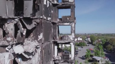 This stock video shows a destroyed residential building during the war in Ukraine in Borodyanka, Bucha district in 8K resolution