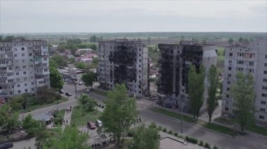 This stock video shows a destroyed residential building during the war in Ukraine in Borodyanka, Bucha district in 8K resolution