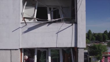 This stock video shows a destroyed residential building during the war in Ukraine in Borodyanka, Bucha district in 8K resolution