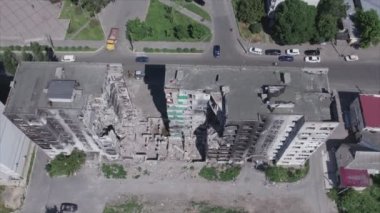 This stock video shows a destroyed residential building during the war in Ukraine in Borodyanka, Bucha district in 8K resolution
