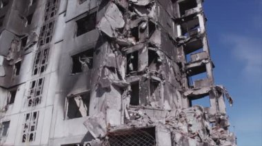 This stock video shows a destroyed residential building during the war in Ukraine in Borodyanka, Bucha district in 8K resolution